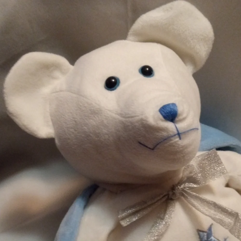 Adorable White Plush Bear with Blue Angelic Wings And Stars